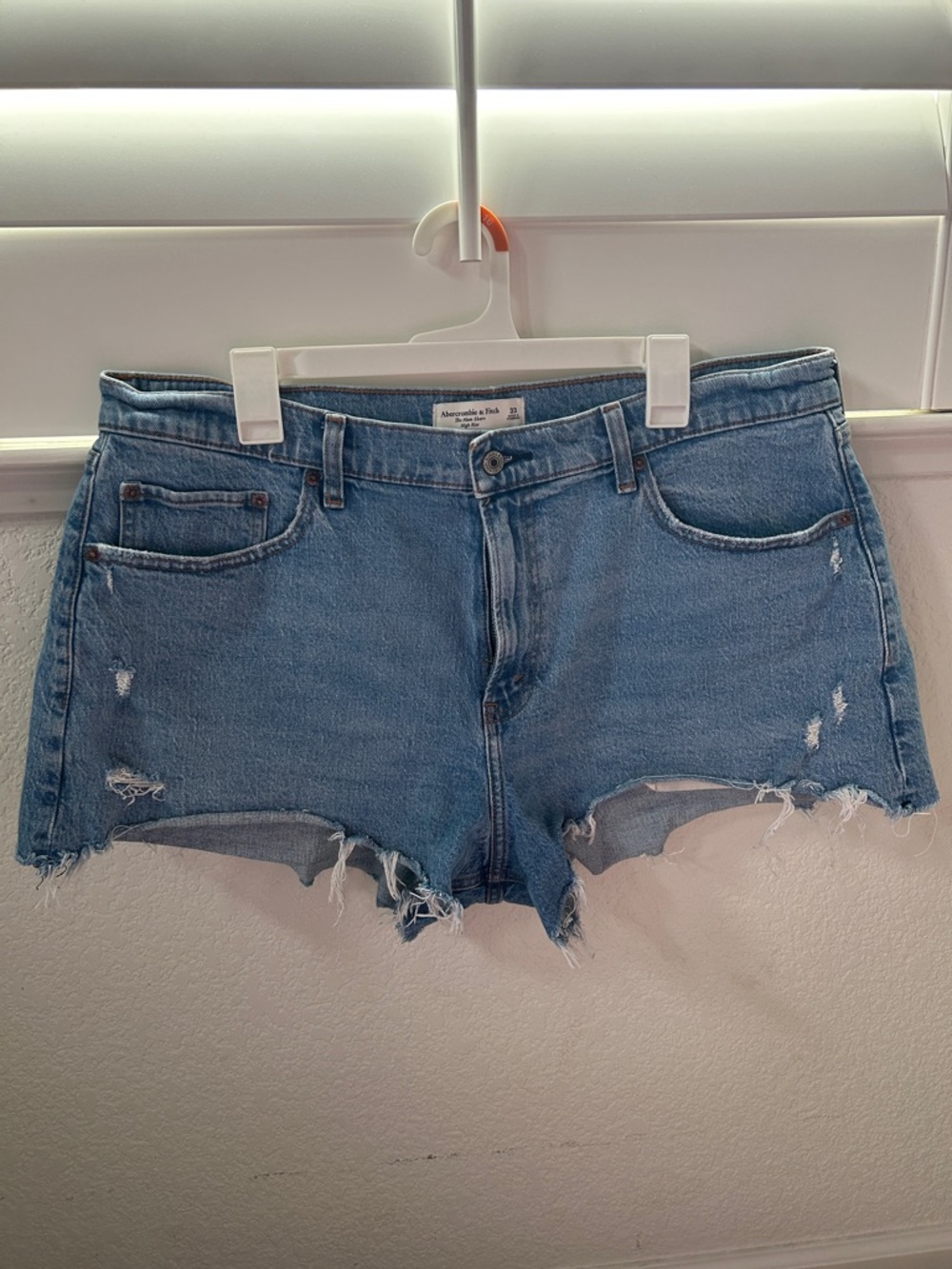 Abercrombie and Fitch 33  Distressed Denim Shorts - Light Blue